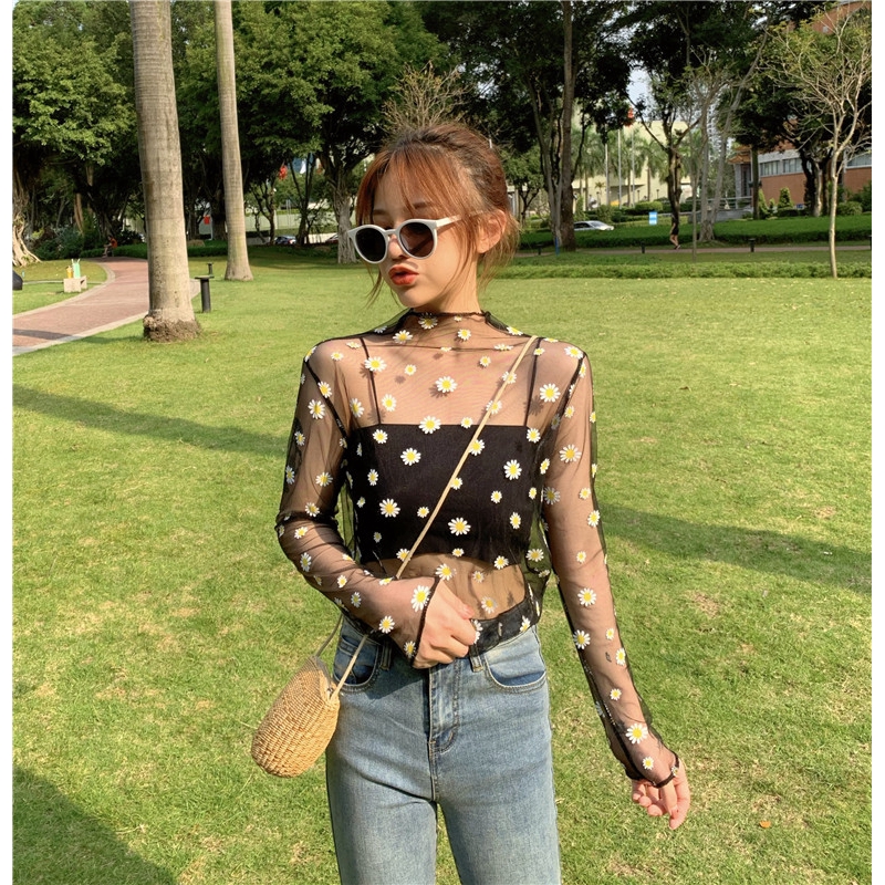 SUXI Áo Tay Dài Dáng Rộng Phối Lưới In Hình Hoa Cúc Kiểu Hàn Quốc Xinh Xắn Cho Nữ