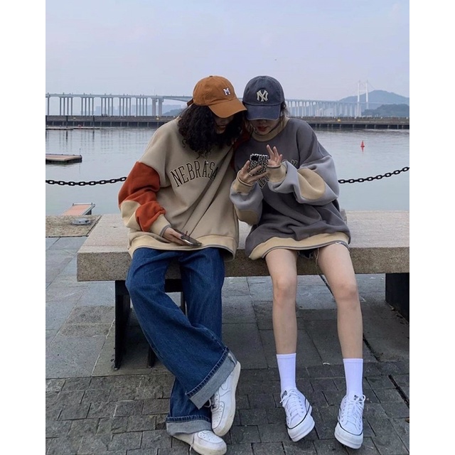 Áo nỉ swt cổ tròn phối tay chữ cá tính (annstore_ảnh thật)