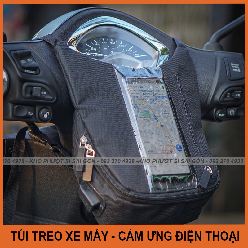 Túi treo đầu xe máy loại đứng để điện thoại cảm ứng xem bản đồ, grab, go việt ship hàng, xem google maps