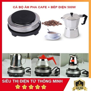 Bộ Ấm Pha Cafe, Combo Ấm Cafe Moka Pot Moka 300ml ( 6 Cup ) Và Bếp Điện Mini 500W Đun Các Loại Ấm