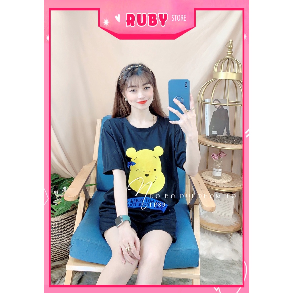 Đồ bộ nữ mặc nhà phom to chất thun mềm mát in hình gấu hoạt hình dễ thương Bộ thun đùi phom to TP89