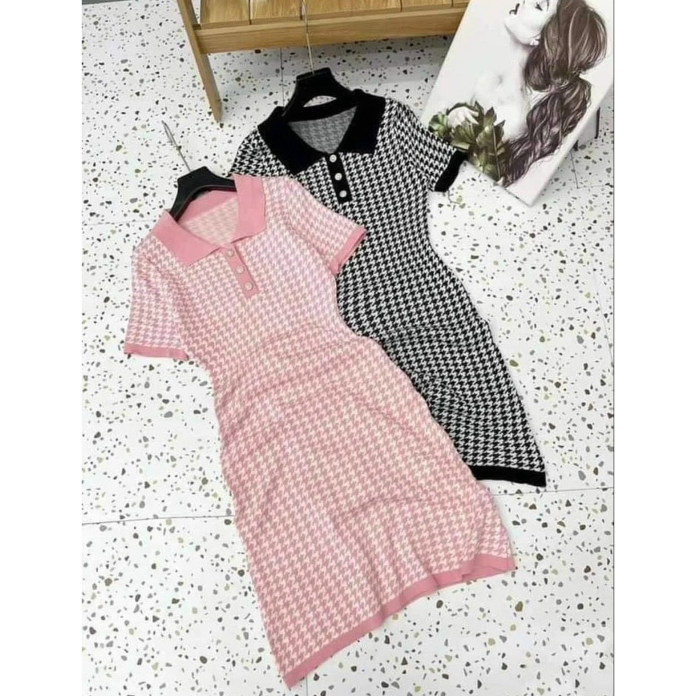 Váy len dáng ôm body cổ bẻ kẻ caro, Đầm len ngắn tay co giãn VS1561 - NhiNhi Shop