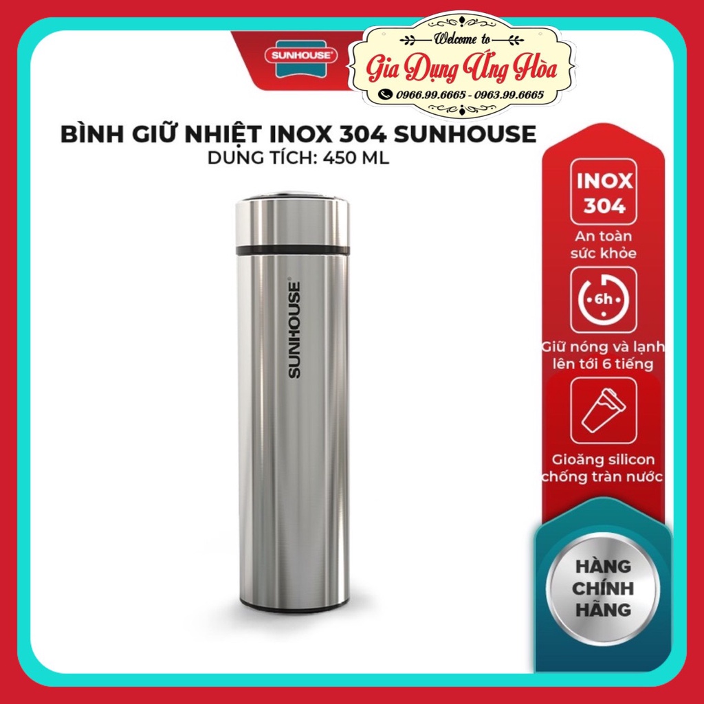 BÌNH GIỮ NHIỆT INOX 304 SUNHOUSE 450ML (Bảo Hành Chính Hãng toàn quốc 12T)