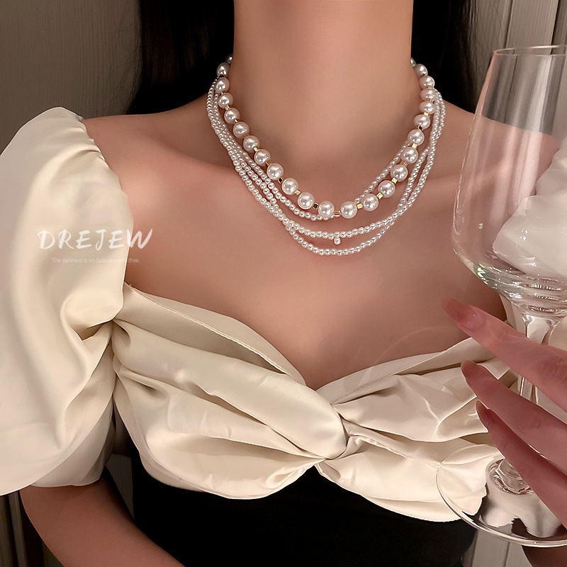 DREJEW Dây chuyền nhiều lớp đính ngọc trai thời trang dành cho nữ