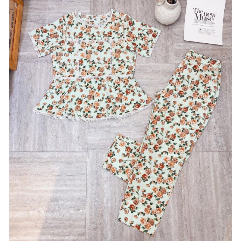 Set bộ hoa nhí babydoll cổ tròn phối ren quần dài ống suông nhỏ bigsize 40-75kg