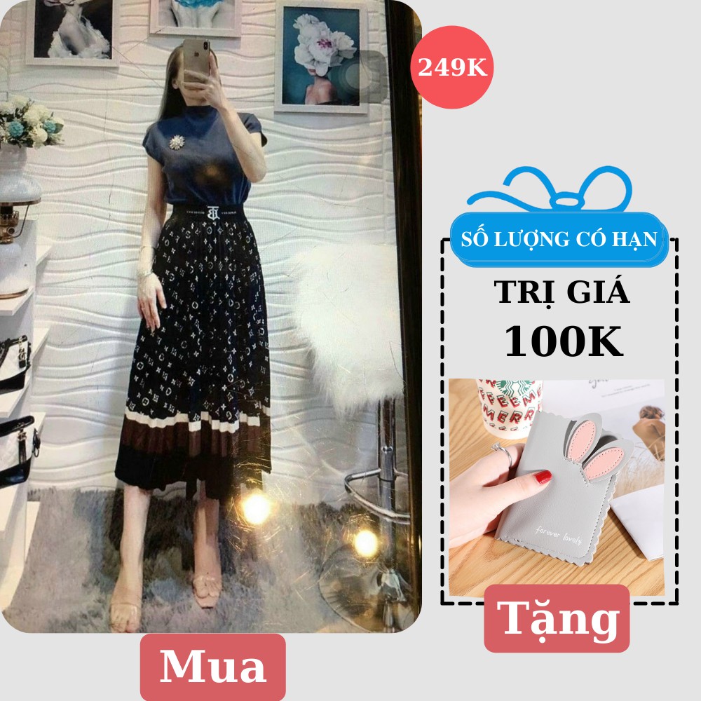 Chân Váy Xếp Ly Dáng Dài Màu Đen Cạp Thun Hàng Loại 2 FreeShip, Chân Váy Xòe Dài Tới Gối Chất Lụa Họa Tiết Độc Đáo Nhất