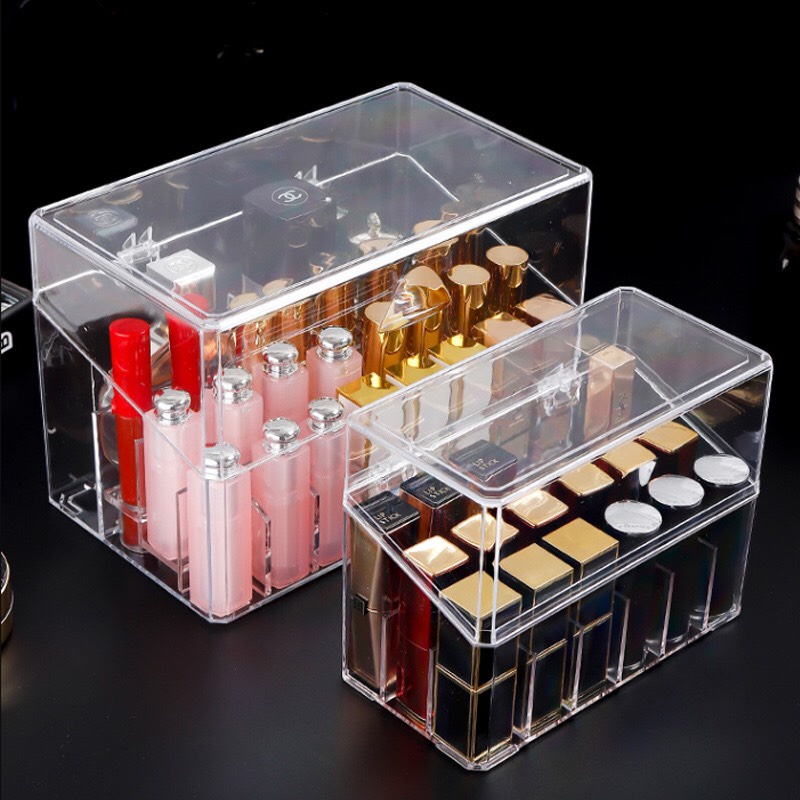 Khay đựng son và dụng cụ trang điểm nhựa mica trong suốt có nắp đậy chống bụi bẩn, nhiều kích thước
