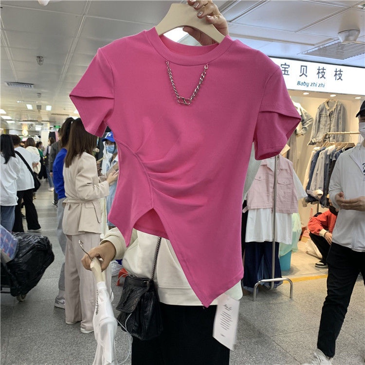 Áo Thun Ngắn Dáng Ôm Xẻ Tà Thời Trang Xuân Hè 2022 Phong Cách Mới Cho Nữ