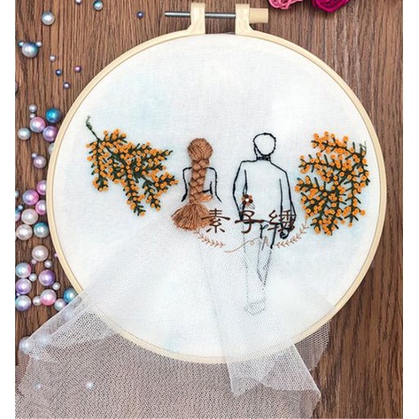 Kit thêu tay trang trí DIY Bộ Combo thêu kỷ niệm cưới CÓ KHUNG, kit tập thêu mẫu WEDDING HOOP Bách hóa na na