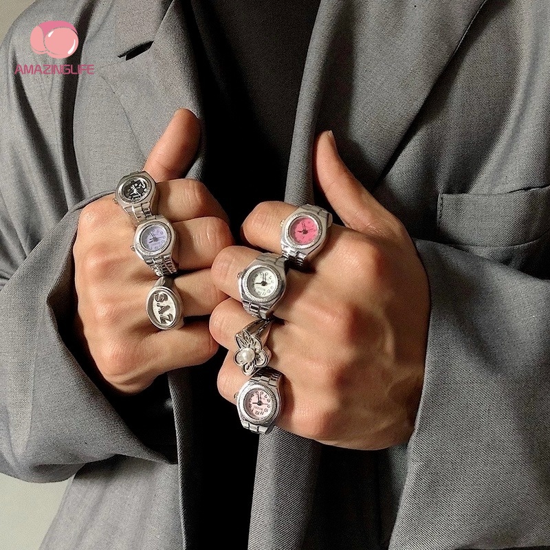 Nhẫn Đồng Hồ Bằng Thép Màu Bạc Sang Trọng Phong Cách Gothic Cổ Điển Cho Cặp Đôi