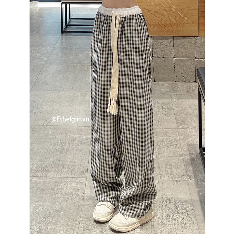 Thời Trang Quần Dài Ống Rộng Họa Tiết Caro Phong Cách retro