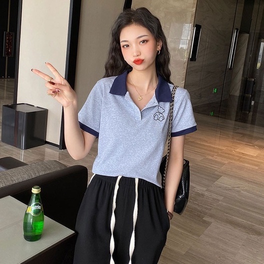 Áo Thun POLO Dệt Kim Tay Ngắn Dáng Rộng Thêu Hình Gấu Dễ Thương