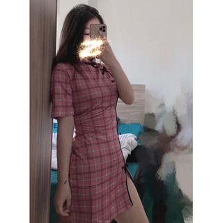 Sườn xám caro viền đen (ảnh thật)