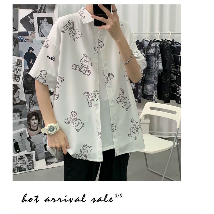 Áo sơ mi nam nữ đều mặc được kiểu tay lỡ form rộng Unisex in hình vẽ nét TeddyBear chibi siêu hot