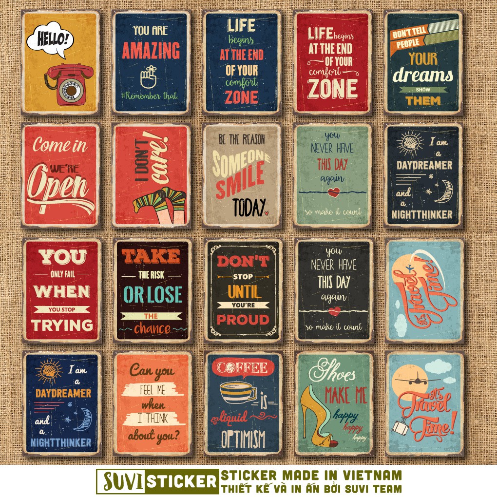 50 Sticker Vintage Quotes chống nước sticker dán laptop, điện thoại, đàn guitar, mũ bảo hiểm, vali. MSP: VR21
