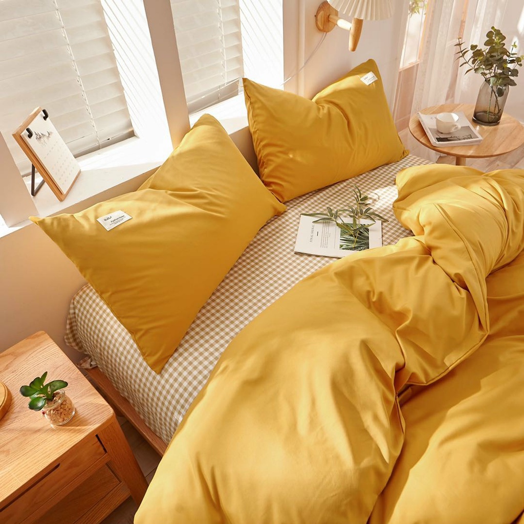 Bộ chăn ga gối cotton tici mix kẻ caro be vải mềm đẹp