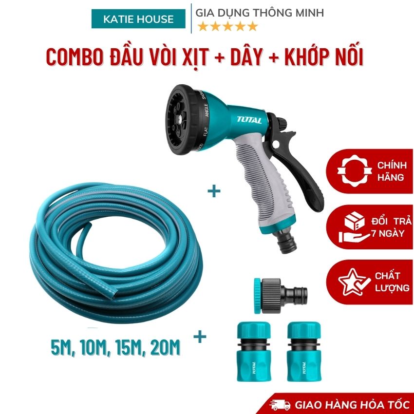 Vòi Xịt Tưới Cây Rửa Xe Đa Năng Total, Kèm Dây Và Khớp Nối Nhanh, Nhiều Chế Độ Xịt, Dây 5M 10M 15M 20M