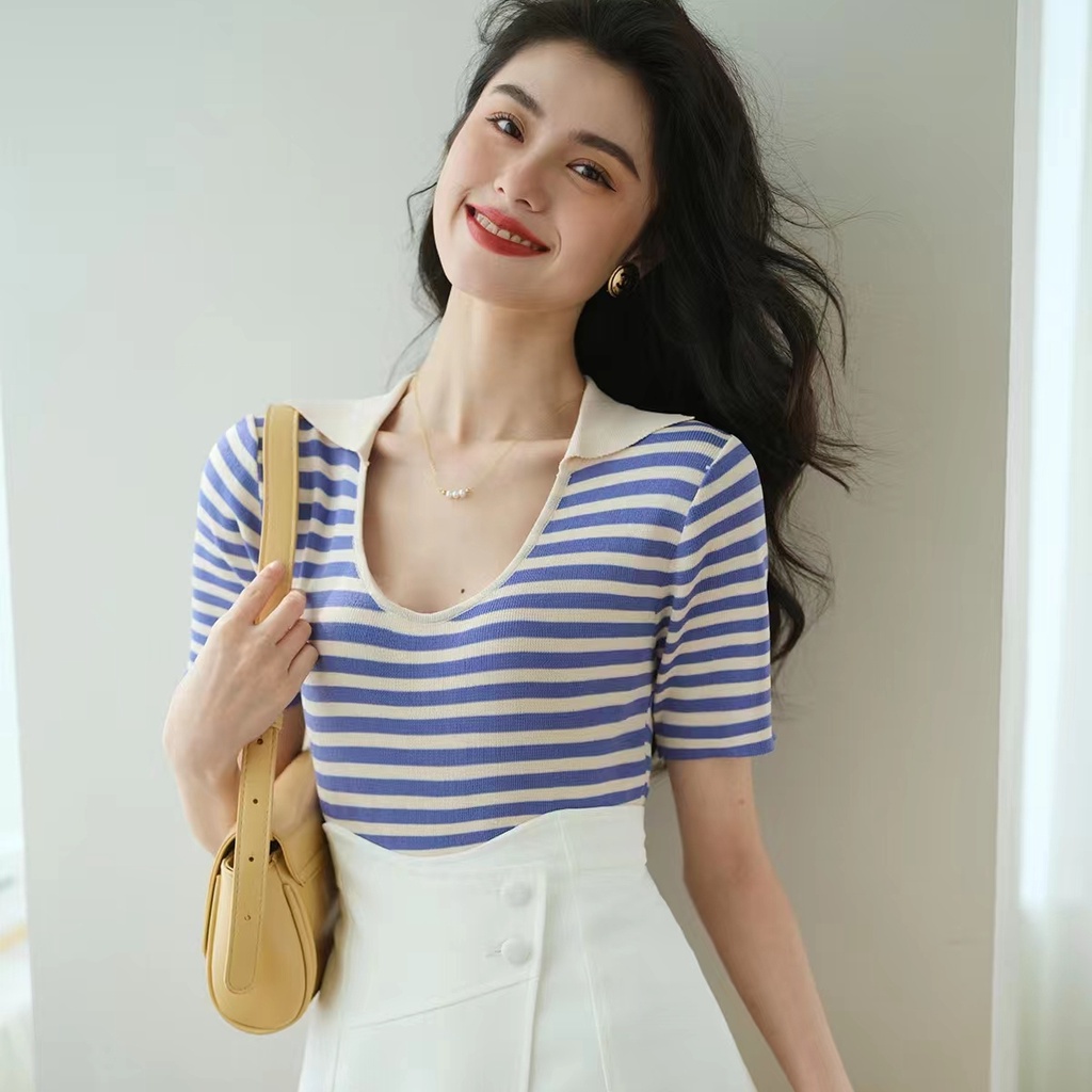 SUXI Áo Thun Ngắn Tay Cổ V Họa Tiết Sọc Ngang Đơn Giản Dễ Phối Đồ Cho Nữ