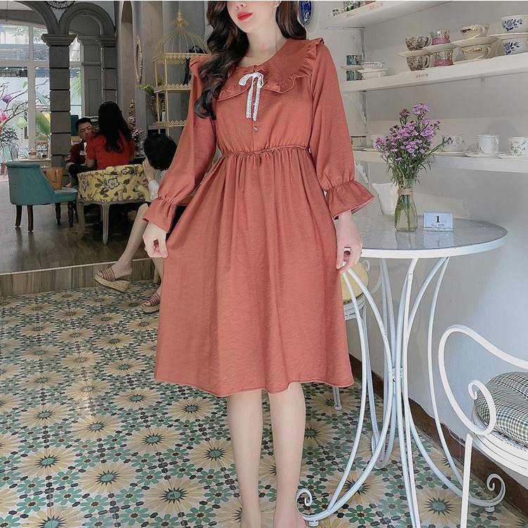 Đầm suông dài tay cổ bèo Váy dáng dài thắt eo tay bo siêu xinh | BigBuy360 - bigbuy360.vn