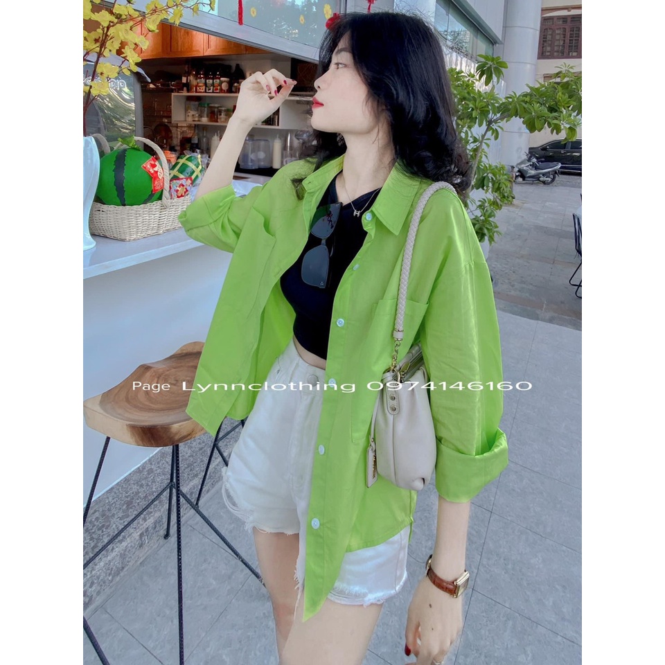 Set sơ mi xanh neon 3 món áo sơ mi form rộng quần short đùi kèm áo ba lỗ LD155
