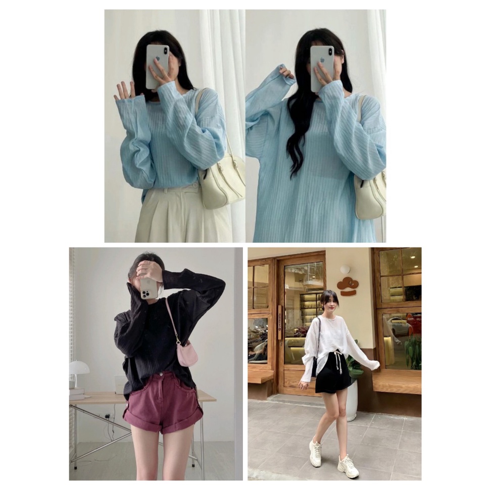 Áo Thun Nữ Cổ Tròn Dáng Suông Vải Xốp Gân Dài Tay 3 Màu Siêu Basic