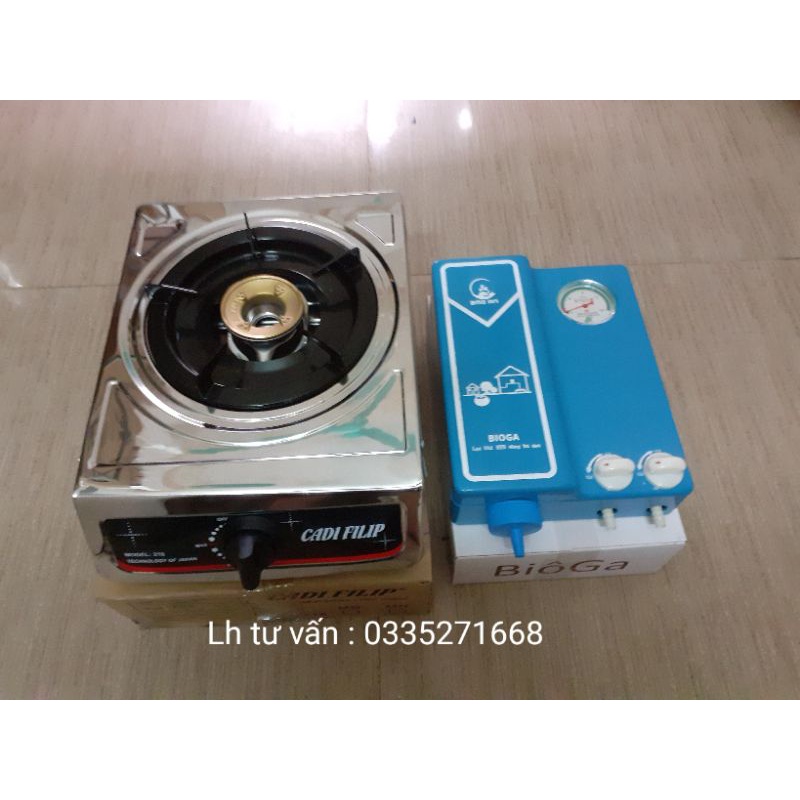 Combo bếp biogas đơn chén đồng + lọc khí có đồng hồ đo áp suất bể chứa
