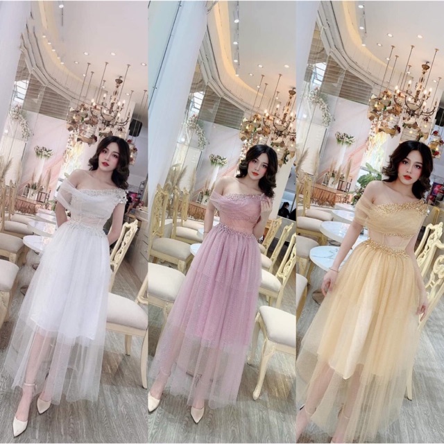 ẢNH VÀ VIDEO THẬT 1000% _ ĐẦM XOÈ KIM TUYẾN LỆCH VAI