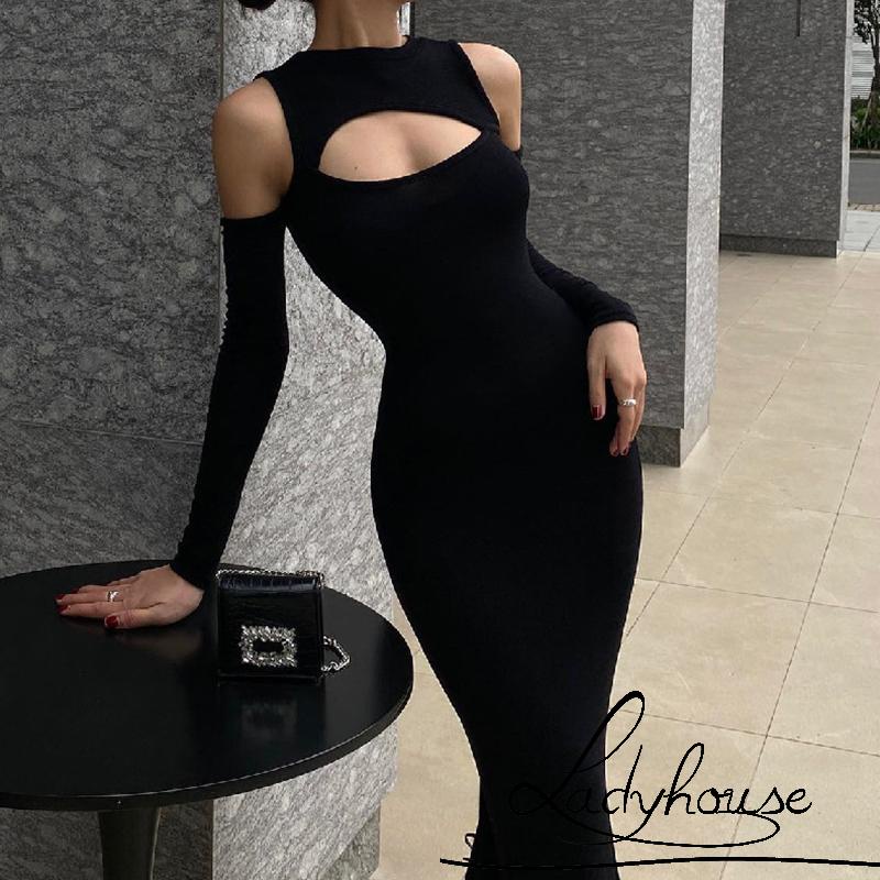 Ldd-đầm Body Màu Trơn Tay Dài Cổ Thuyền Khoét Rỗng Một Mảnh Size S / M / L