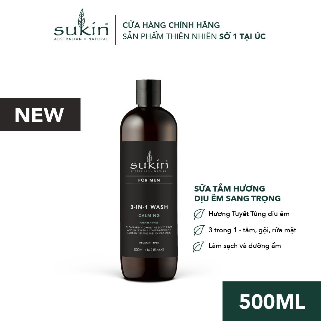 Sản phẩm Làm Sạch 3 in 1 Sukin Sang Trọng Dành Cho Nam Sukin For Men Wash Calming 500ml (BR)