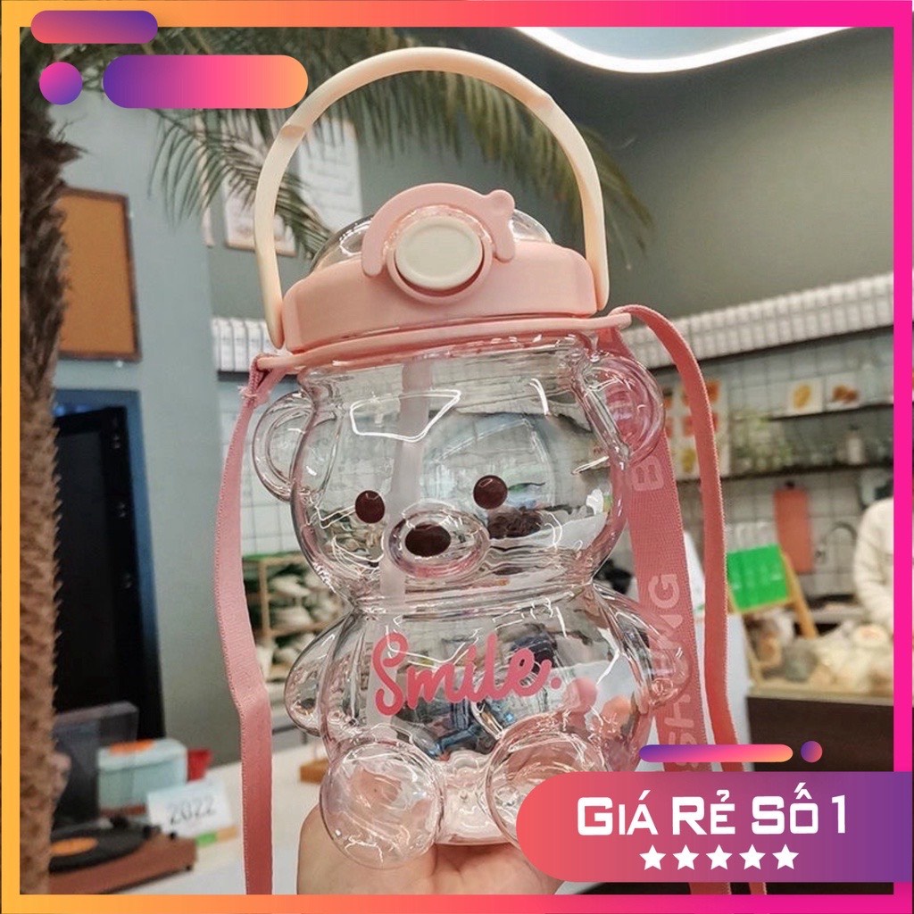 Bình nước hình con gấu dễ thương dung tích 1 lít có kèm dây đeo có tặng kèm sticker 2d và 3d