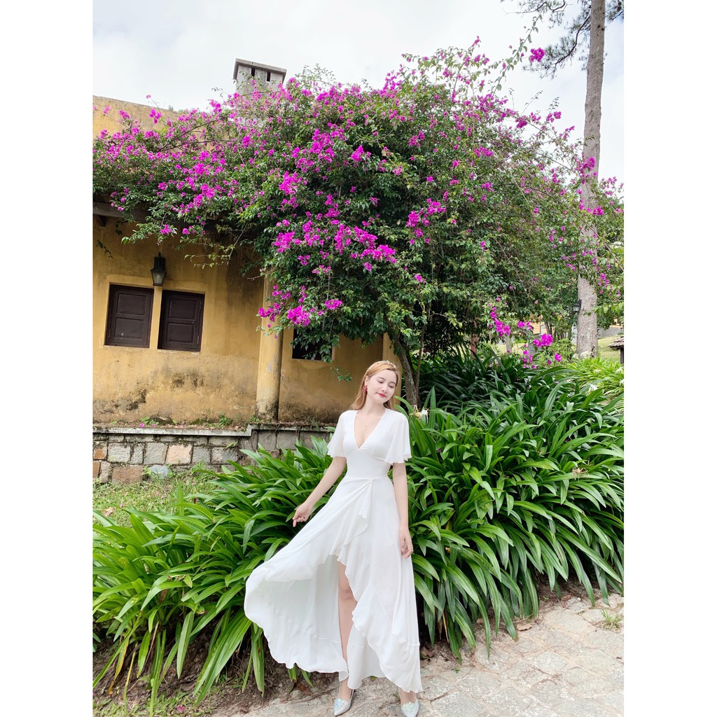 Đầm maxi trắng, đỏ tà xéo sang trọng - Hình thật SP 100% | BigBuy360 - bigbuy360.vn