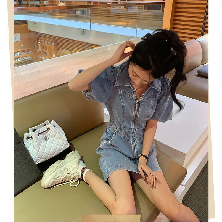 Đầm Denim Tay Phồng Ôm Eo Thời Trang Mùa Hè 2023 Phong Cách Pháp Mới Cho Nữ