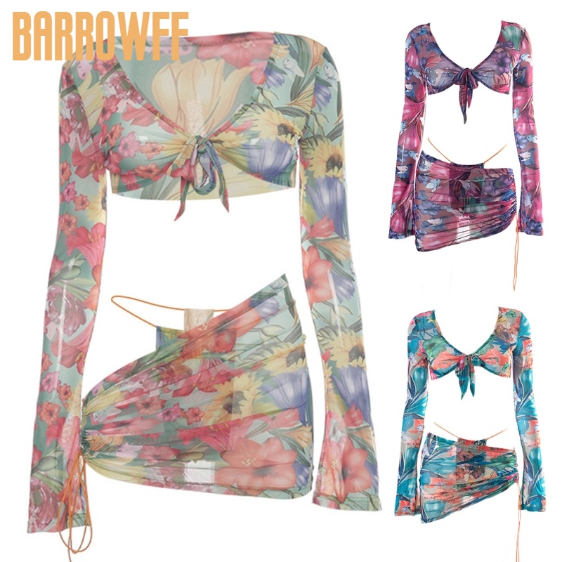 Bikini đi biển Đồ Bơi Bộ 3 set Phụ nữ Floral Mesh Dài Tay Thắt Nút Knot Crop Top với Thong Bên Dây Rút Ruched Đồ Đi Biển