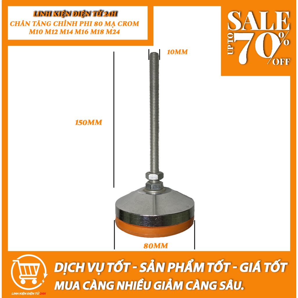 Chân tăng chỉnh phi 80mm đế cao , mạ Crom ren M10-M12-M14-M16-M18-M24, chân tăng chỉnh chiều cao