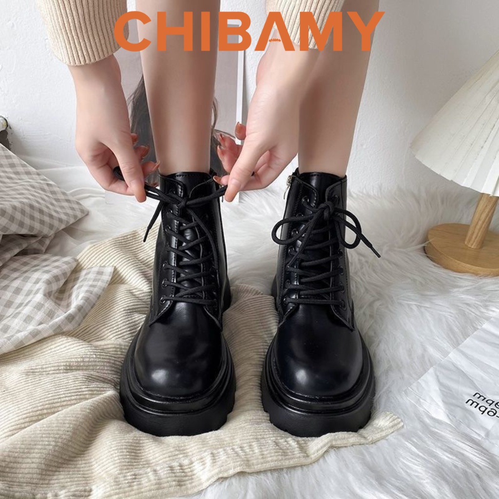 Bốt nữ cổ cao MARTIN chất da lì mềm, có khóa sườn đế răng cưa 5p phong cách tuổi teen