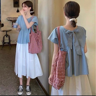 Set áo xanh cột nơ lưng kèm chân váy trắng freesize Pumi