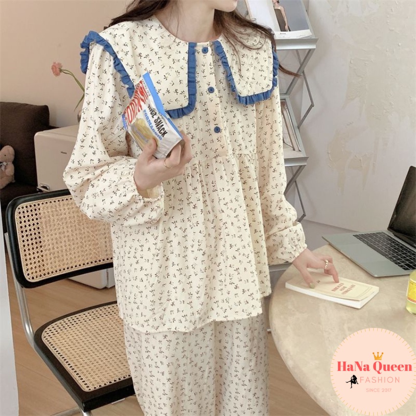 Bộ đồ dài tay hoạ tiết hoa nhí cổ thuỷ thủ siêu xinh (Có Sẵn Hàng)
