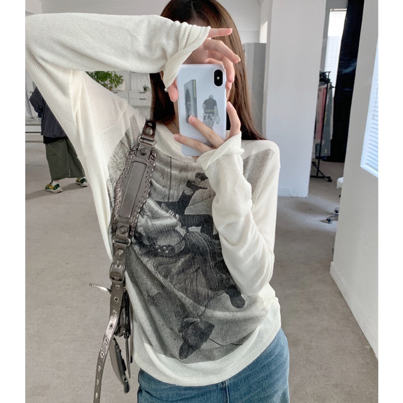 Áo Thun Dệt Kim Tay Dài Dáng Rộng In Họa Tiết Retro Xinh Xắn Cho Nữ