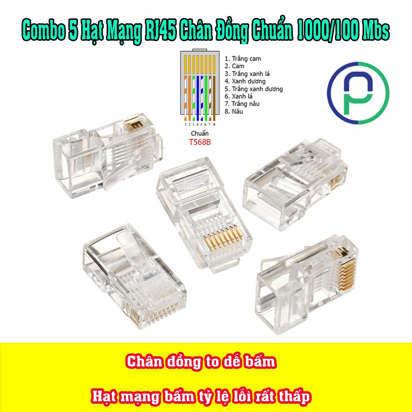 COMBO 5 Hạt Mạng RJ45 Chân Đồng Chuẩn 1000/100 Mbs