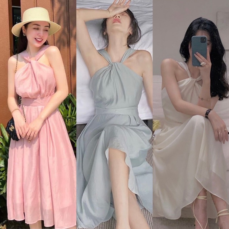 Đầm maxi yếm xoắn ngực - M366