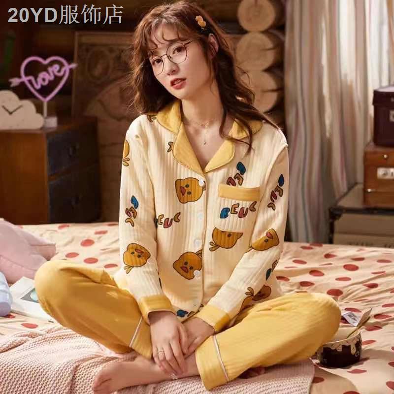 ☃▪۞Ba lớp dày cotton không khí mùa xuân và mùa thu sau sinh cho con bú phụ nữ mang thai đồ ngủ giam giữ quần áo mùa đông