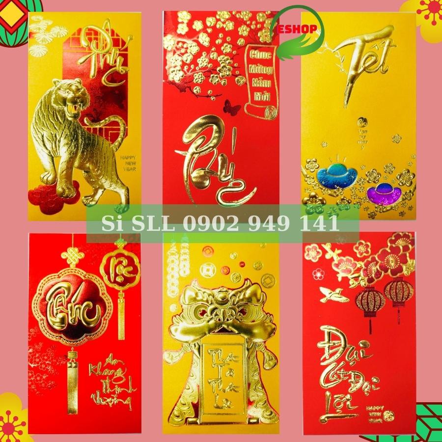 Bao lì xì 2022 combo 6 cái đỏ vàng Phong bao lixi tết đẹp in chữ nổi 3D truyền thống mới lạ dễ thương độc đáo ESHOP