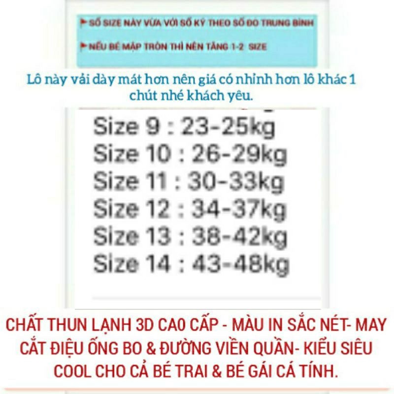 LOẠI 1BBND7 (20KG- 50KG) BỘ TAY NGẮN QUẦN DÀI CÁ TÍNH BÉ TRAI SIZE ĐẠI &amp; BÉ GÁI SIZE ĐẠI THUN LẠNH 3D SIÊU COOL- ĐẠI C