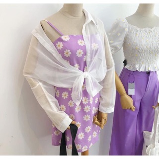 Set đầm 2 dây hoa cúc tím + áo khoác mỏng sơmi
