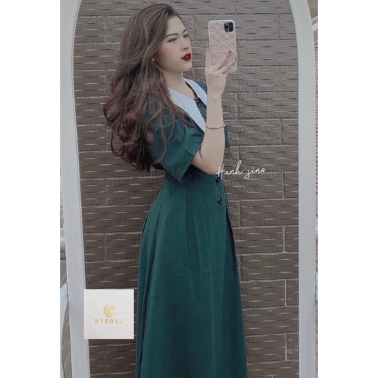 Đầm tiểu thư cổ nhọn dáng xoè, đầm màu xanh rêu lên from tôn dáng