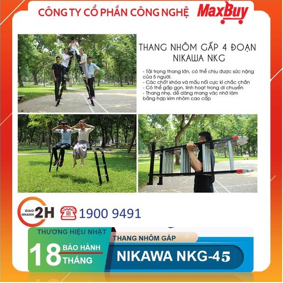 Thang nhôm, thang gấp Nikawa NKG-45, 5 bậc 4 đoạn, thang đa năng nhập khẩu Nhật Bản, bảo hành 18 tháng