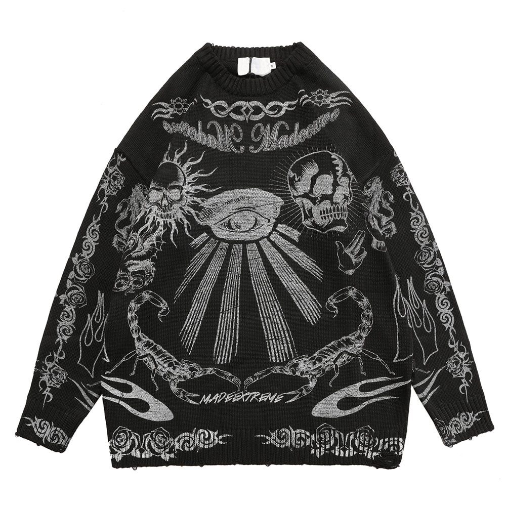 Áo len dài tay cổ tròn thời trang nam nữ Tatoo Printed Ripped Pullover Sweater Streetwear Clothing Red Black