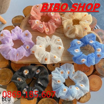 Dây Buộc Tóc Hoa Cúc Nhiều Màu Kiểu Dáng Hàn Quốc, Cột Tóc Scunchies Vải Lưới Trong Suốt Họa Tiết Hoa Cúc