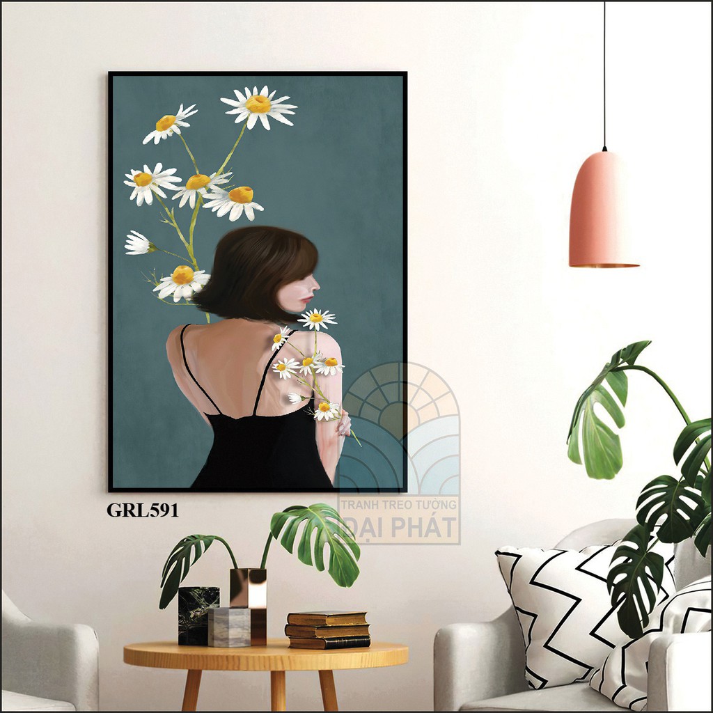 Tranh đơn treo tường trang trí spa cô gái và cánh hoa
