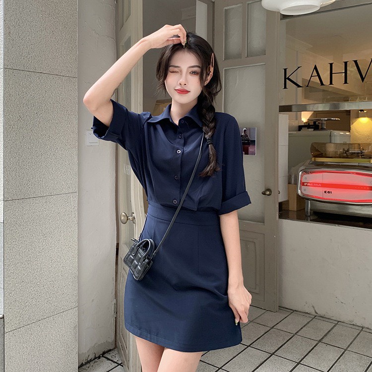 Váy đầm cổ sơ mi liền mảnh mặc công sở phong cách Hàn Quốc MS102